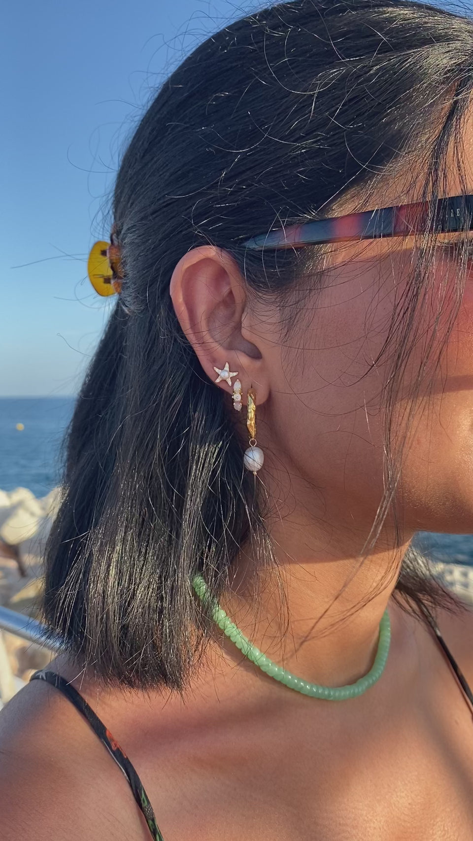Santorini Studs, Oceanic Elegance, Exquisite Jewelry, Starfish Silhouettes, Delicate Pearl Embellishments, Stud Earrings, Aegean Inspiration, 18k Gold-Plated Sterling Silver, Crystal Starfish, Hypoallergenic Jewelry