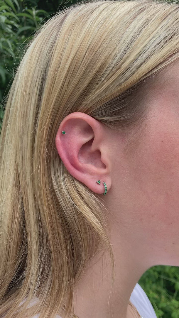 silver emerald earrings, green silver stacking set, ear party set