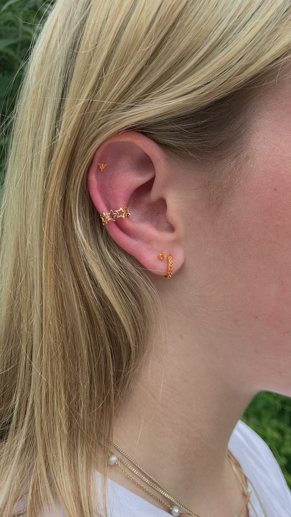 orrange gold earrings, orange ear stacking set, orange crystal huggie hoops