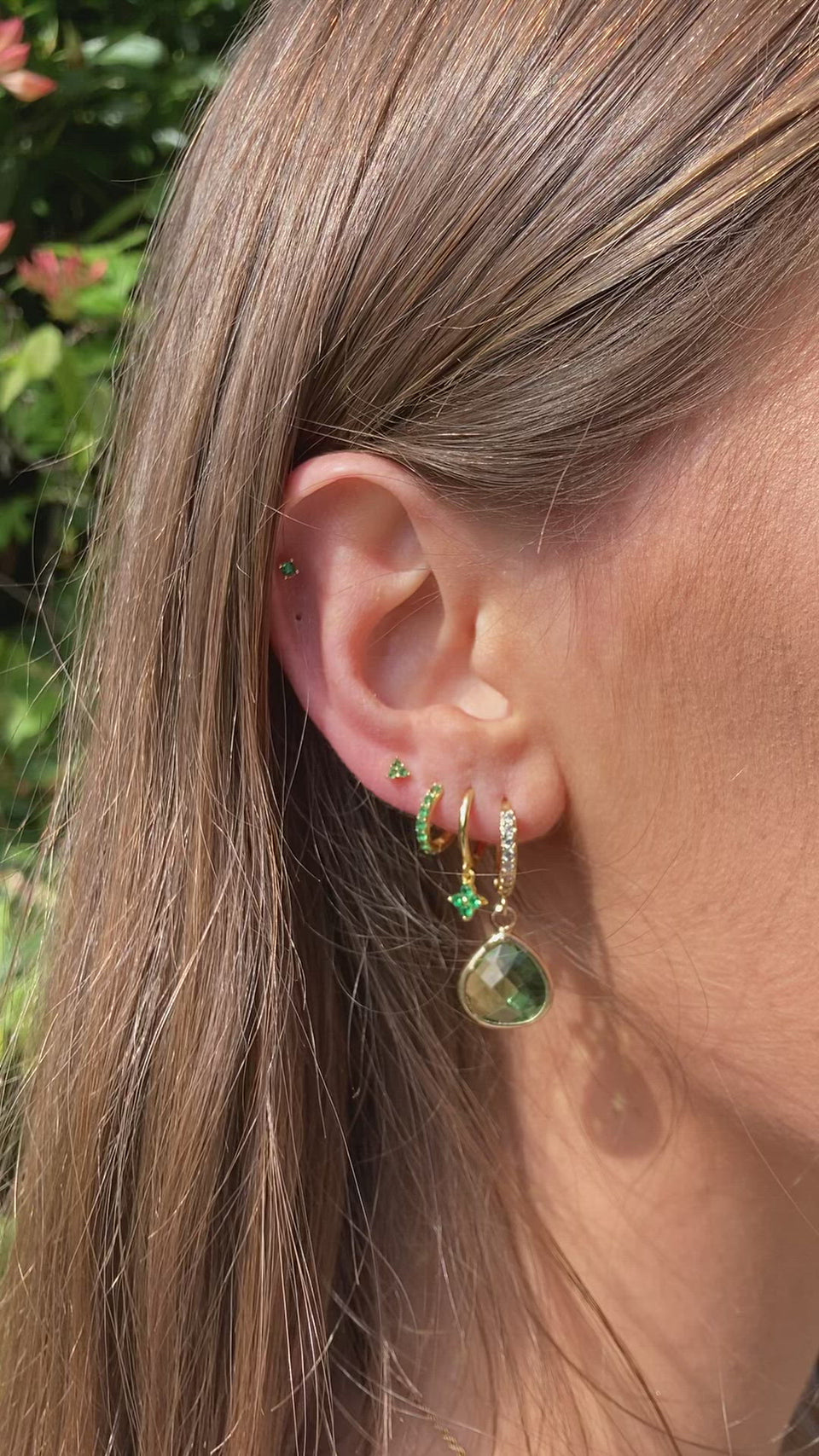 green huggie hoops, four leaf clover earrings, dainty earrings, emerald huggies, mini hoops