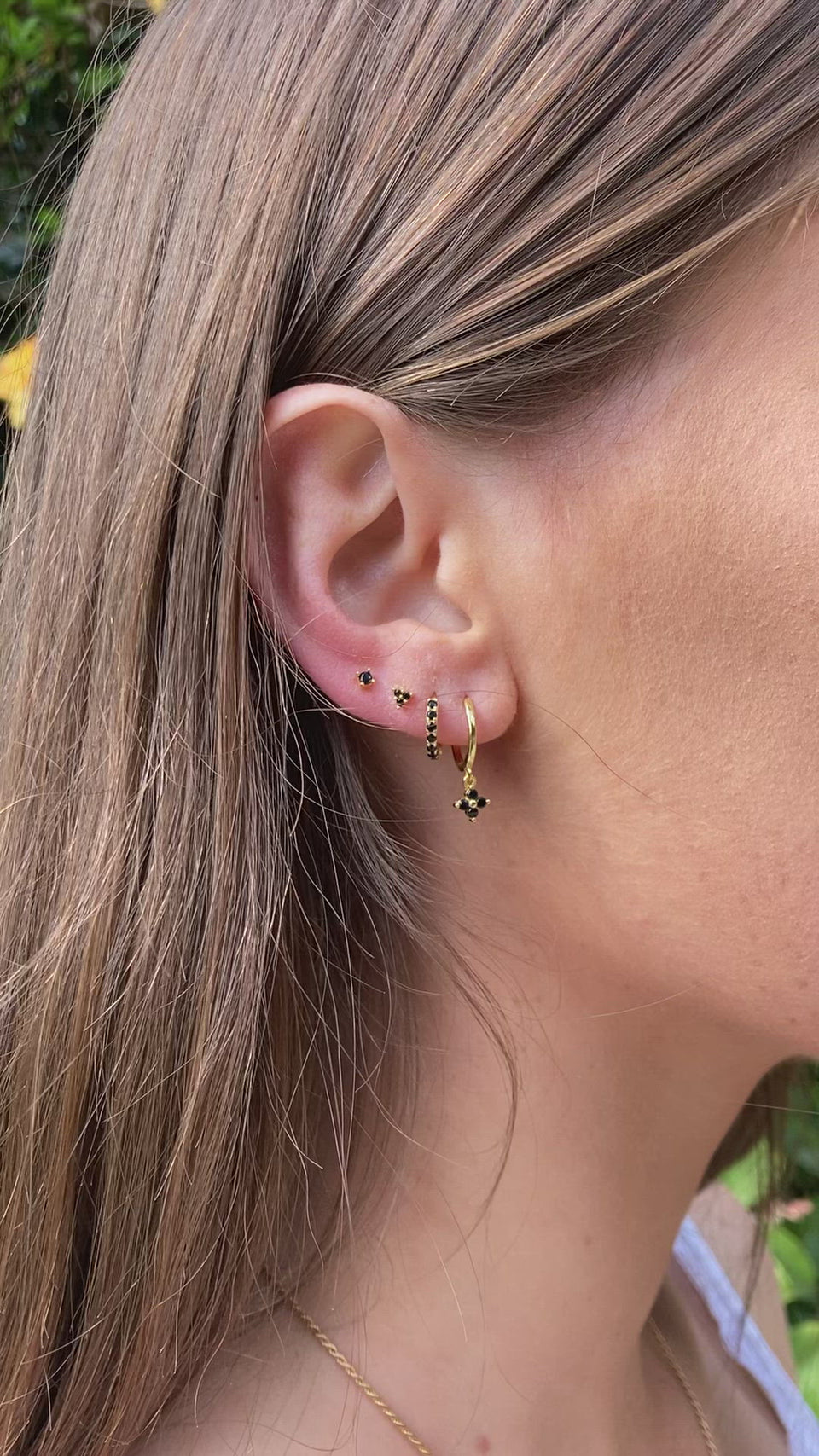 black gold huggies, four leaf clover earrings, black stacking set, ear stack